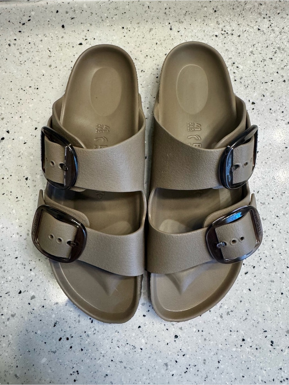 Birkenstock EVA 2-Strap Slide Sandals in Taupe Brown with Big Buckles - Picture 3 of 9